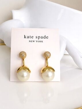 Kate Spade New York Pearl Drop Earrings Gold Tone Crystal Stud Convertible 2-Way